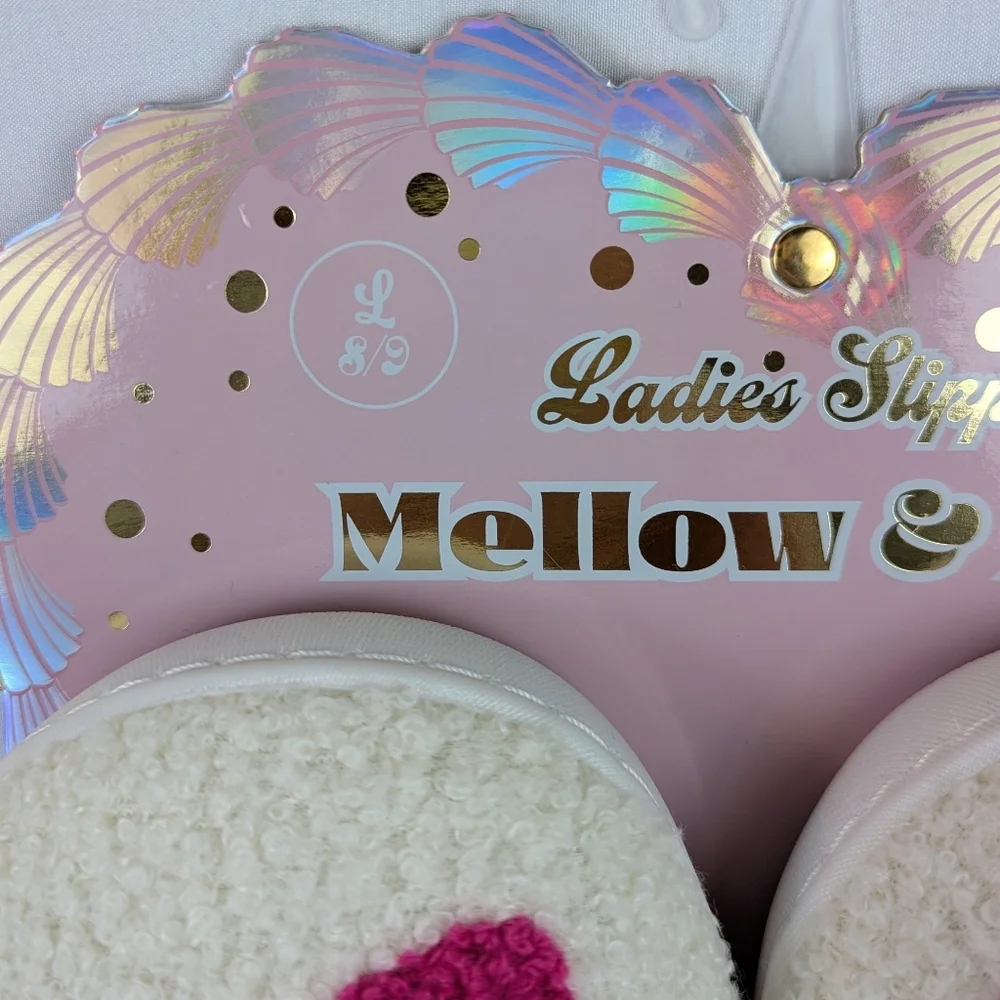 Hearts Slippers Sherpa Upper Fleece Memory Foam Slip On Ivory Pink L (8/9) NWT - Picture 11 of 13